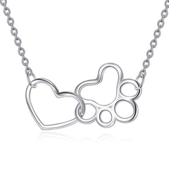 Sterling Silver Dog Paw  and Heart Pendant Necklace for Women