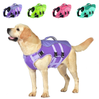 Petglad Dog Life Jacket Reflective Dog Harness Life Vest with Rescue Handle for Swimming Boating Adjustable High Buoyancy Flotation Swim Vest for Small Meium Large Dogs - Purple M